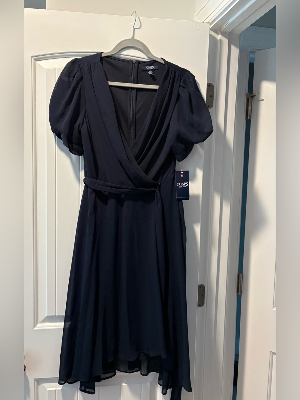 NEW Chaps Navy Puff-Sleeve Midi Wrap Dress Size 6 Belted Waist